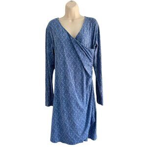 Kuhl Woman's Sz L Vienna Sapphire Blue Floral Organic Cotton Faux Wrap Dress